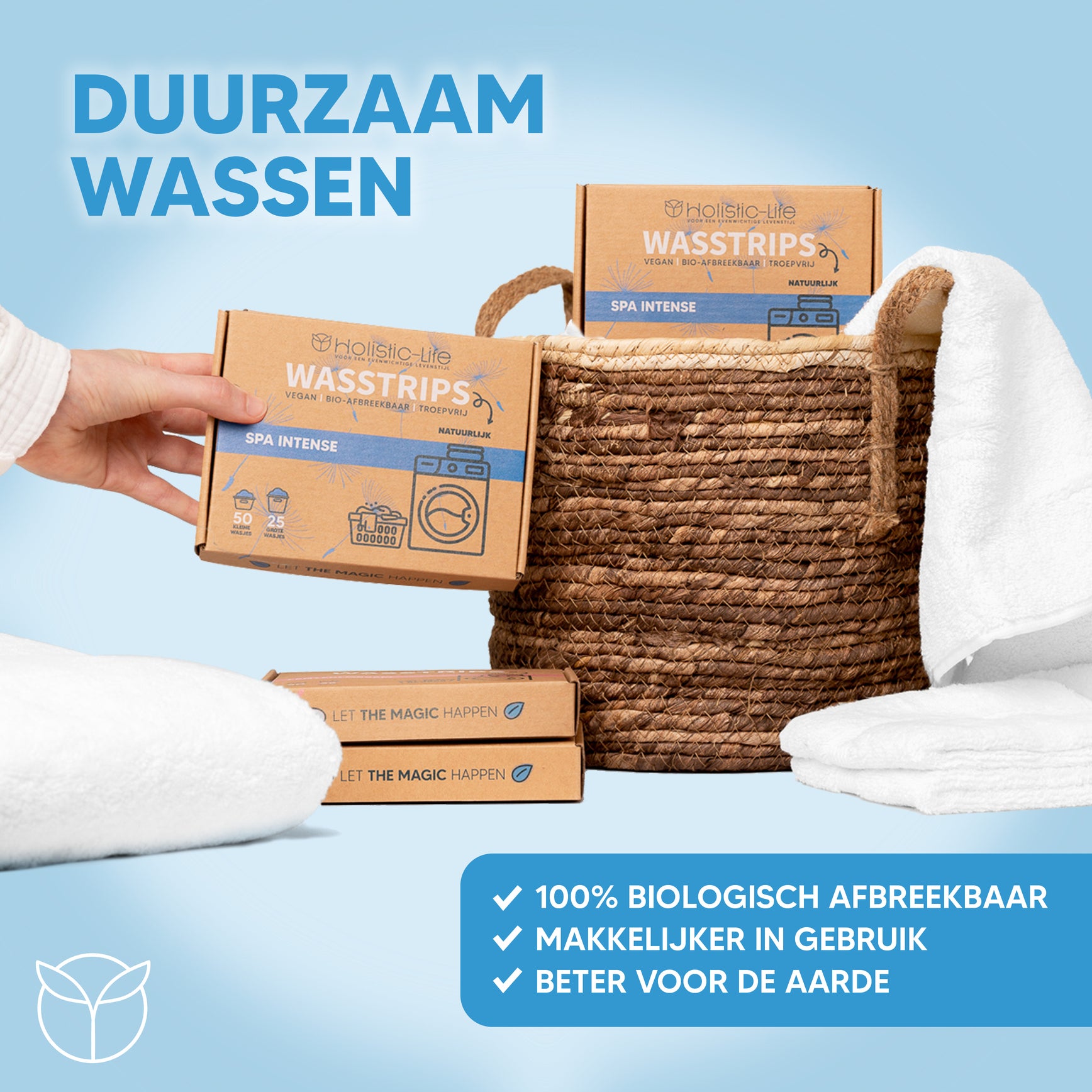 Biologisch afbreekbare wasstrips voor milieuvriendelijk wassen.